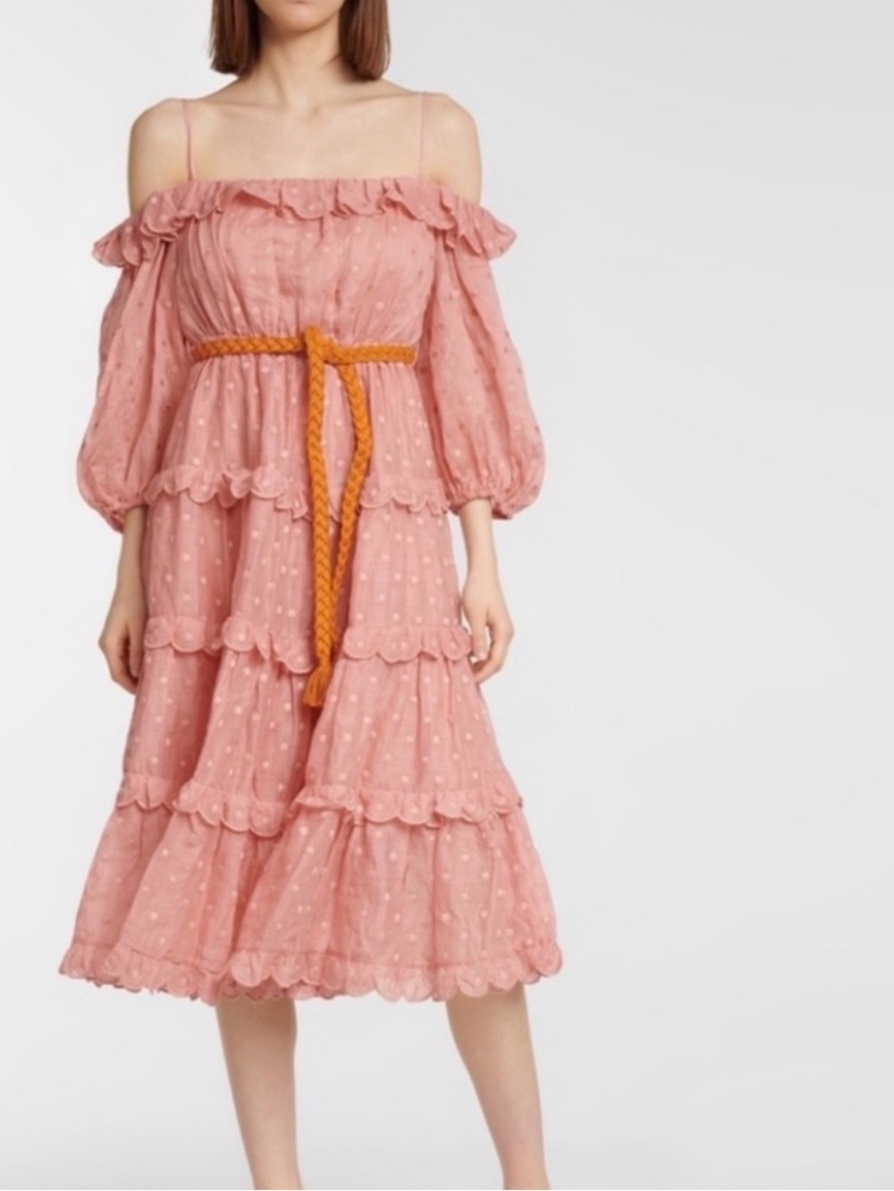 Zimmermann Blush Pink Off-Shoulder Tiered Midi Dress with Rope Belt